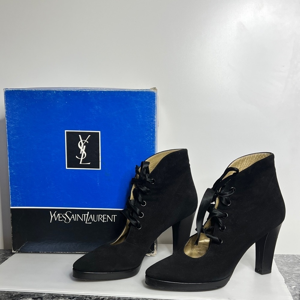 Yves Saint Laurent Ysl Sz 9 Black Sude Silk Lace Up Ankle Heel Boots With Box